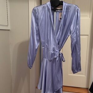 Elegant Light Blue Wrap Dress 100% Silk Size L